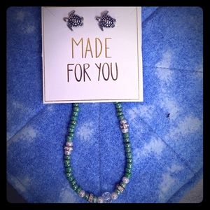 Sea 🐢 Green Necklace with Turtle Earrings!